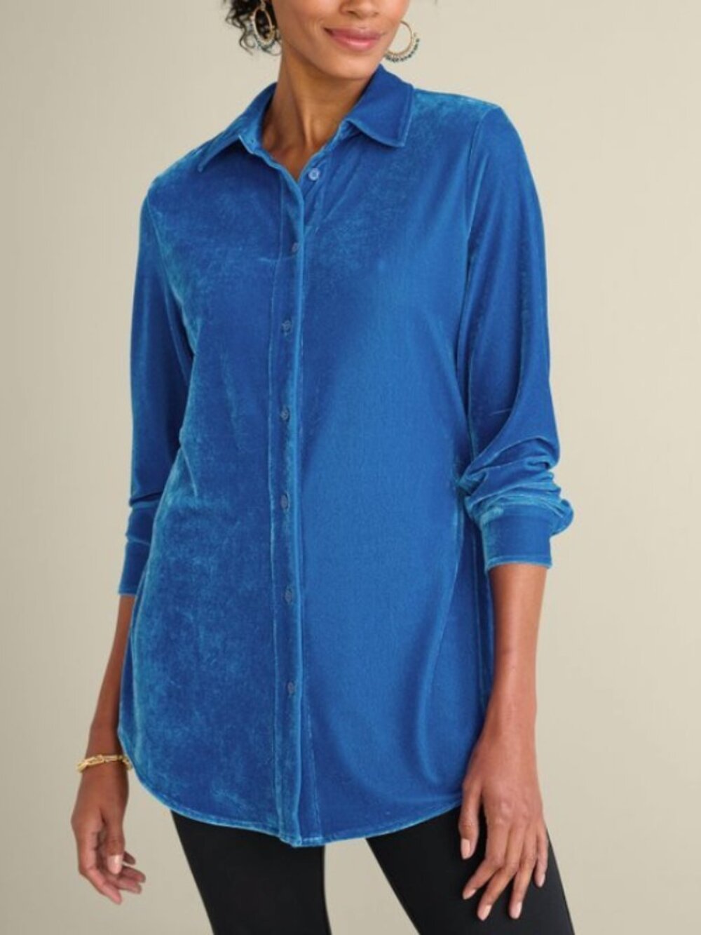 Soft Surroundings Velvet Boyfriend Tunic Shirt in Cobalt Witchy Whimsigoth Sz M - Picture 2 of 6